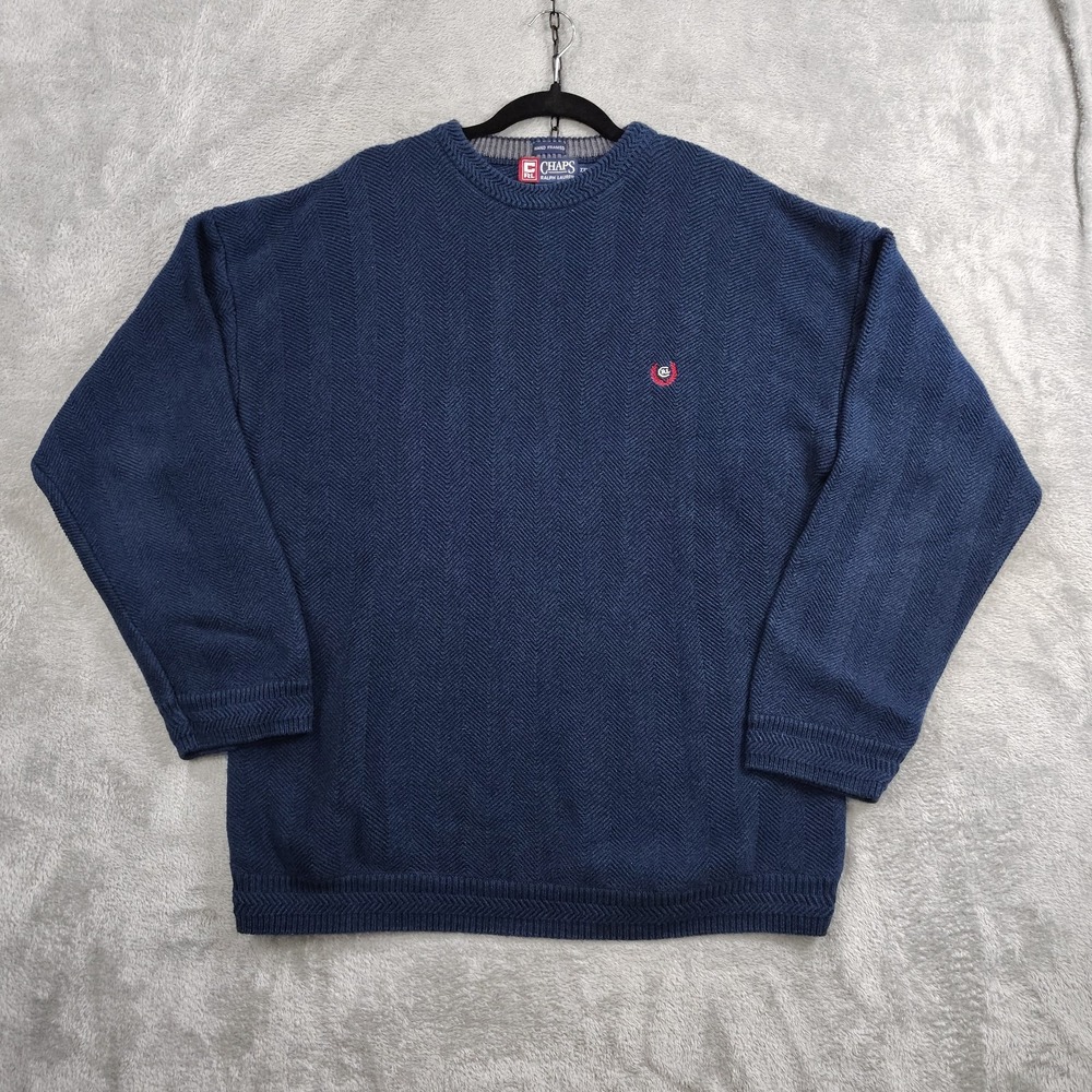 Vintage Chaps by Ralph‎ Lauren Sweater Mens 2X XXL Hand Framed Herringbone Blue
